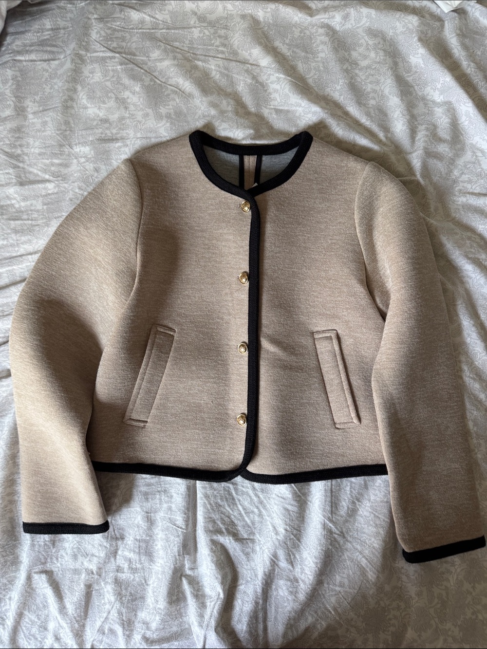 Zara Beige Cropped Jacket with Black Trim and Gold Buttons